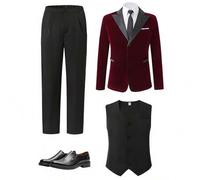 3-teiliges Anzug-Set für Teenager-Jungen: Schmal geschnittener Blazer mit burgunderrotem Samtrevers + schwarze schmal geschnittene Weste + schwarze An
