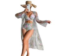 3-teiliges Damen-Badeanzug-Set mit Blumenmuster, Boy-Shorts, Bikinis-Set, lange Ärmel, Strand-Abdeckung, Badeanzug für Urlaub, Damen-Badehosen, Bikinis-Set, Blumendruck, Badeanzüge mit Kimono-Überzug