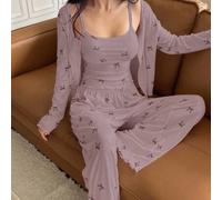 3-teiliges Damen Pyjama-Set mit Frühlings-Schmetterlings-Muster, bestehend aus Strickjacke, Trägerhemd und Hose