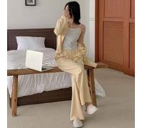 3-teiliges Damen Pyjama Set mit gestreiftem Top, einfarbiger Strickjacke und Hose