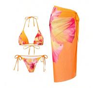 3-teiliges Damen Sommer Strandoutfit mit Blumen Muster 3D Oberteil, Bikini Hose mit Bindedetail und Mesh Wickelrock, im Boho Resort Stil