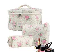 3-teiliges Kosmetiktaschen-Set | Blumen-Make-up-Tasche für Reisen | schöne Kosmetiktasche aus Baumwolle mit Blumenmuster, kompakt und leicht., B, Consulte la descripción, Siehe Beschreibung