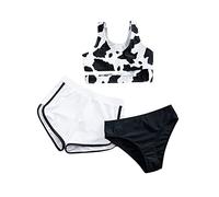 3 Teiliges Mädchen Bikini Sets, Kinder Mädchen Bikini Set Tankini Set 3-teiliger Schwarz Weiß Kühe Druck Ärmellos Bikini Oberteil Badeshorts Bikinihose Badeanzug Strand für Pool Wassersportarten