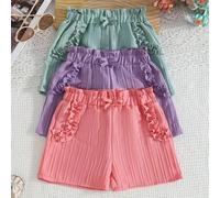 3-teiliges Mädchen-Sommer-Set mit vertikal gestreiften Shorts, Schleife an der Taille, strukturierte süße Rüschen-Shorts, geeignet für Sommerausflüge,