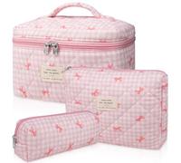 3-teiliges Make-up-Taschen-Set, gesteppte Make-up-Tasche, große florale Kosmetiktasche für Damen, niedliche Baumwoll-Make-up-Taschen, Blumen-Kulturbeutel, Reise-Kulturbeutel (rosa karierte Schleife),