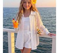 3-teiliges Outfit für Tween-Mädchen aus weichem Stoff in Weiß, elegantes offenes Langarmhemd mit Cut Out Häkelkragen, schlichtes einfarbiges Camisole-