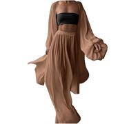 3-teiliges Resort-Outfit für Damen, Laternenärmel, offene Vorderseite, Cardigan mit weitem Bein, Hose und Schlauch-Top, Baggy-Set, lässige Loungewear für Urlaub, Strand, Reisen, Alltag, coffee, 38
