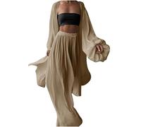 3-teiliges Resort-Outfit für Damen, Laternenärmel, offene Vorderseite, Cardigan mit weitem Bein, Hose und Schlauch-Top, Baggy-Set, lässige Loungewear für Urlaub, Strand, Reisen, Alltag, khaki, 48
