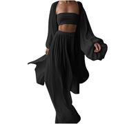 3-teiliges Resort-Outfit für Damen, Laternenärmel, offene Vorderseite, Cardigan mit weitem Bein, Hose und Schlauch-Top, Baggy-Set, lässige Loungewear für Urlaub, Strand, Reisen, Alltag, Schwarz , 48