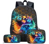 3-teiliges Rucksack-Set im Spiel-Design in Schwarz/Neon/Farben mit Handtasche, Federmäppchen und Aufbewahrungstasche, strapazierfähiges Polyester, lei
