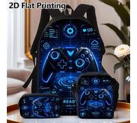 3-teiliges Rucksack-Set mit bedrucktem Design, nicht strukturiert, in coolem Blau mit Neon-Gamecontroller-Aufdruck.Das 3-teilige Set beinhaltet: 1 Ruc