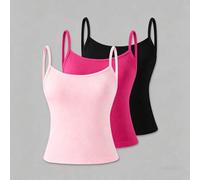 3-teiliges weißes Camisole-Set für Tween-Mädchen, weicher Stoff, minimalistischer Schichtstil für Pink und Schwarz, Sommer, lässig, Schule, tägliche A