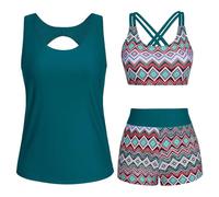 3-teiligeTankini Damen Bauchweg Set Push Up Bademode 3 TLG. Set Damen Bademode bestehend aus Tankini Top, Hotpants und Shirt Badeanzüge Freizeit Sport Badebekleidung Badeanzug