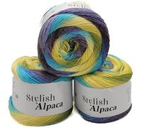 3 x 150g Ilkadim Export Stylish Alpaca Strickgarn - 450g Alpaka Acryl Wolle, 1575m Lauflänge, weiches Farbverlaufsgarn, Häkel- & Strickwolle, Nadelstärke 3-3,5 (lila türkis grün gelb 7714)