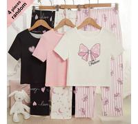 (3 zufällige Sets aus 2 Pyjama-Sets) Rosa Serie Herz Schleife Stern Wimpern Muster Lange Hose Kurzarm Lässig 6 Stücke Loungewear Set für Teenager Mädc