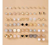30 Paar elegante minimalistische Metall-Perlenblumen, Herz- und Schleifen-Ohrstecker Set, Geschenk für Frauen