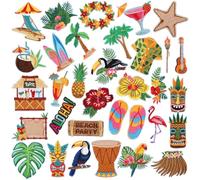 32 Stück Hawaiianische Luau-Aufnäher zum Aufbügeln, Aloha, tropische Palme, Tiki, bestickte Applikation, Sommer, Strand, Reparaturflicken, Basteln, festliche Geschenke für Kleidung, Hut, Hemd, Tasche,