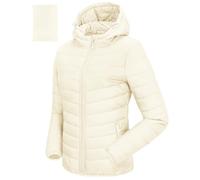 33,000ft Damen Leichte Steppjacke Packbare Übergangsjacke mit Taschen für Frauen Gefüttert Warme Pufferjacke mit Kapuze für Outdoor Freizeit Wandern Beige-weiß 3XL