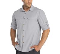 33,000ft Funktionshemd Herren UPF50+ UV-Schutz Langarm Hemd Atmungsaktiv Button-Down-Hemd Outdoor Sportliches Freizeithemd Angelhemd Für Männer Silber Grau 2XL