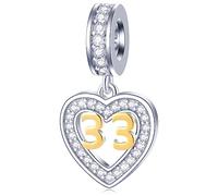 33 Jahre alt Jahrestag Charms passen Pandora Leder Armband, 18K Gold Zahl 33 Charm, 925 Sterling Silber 33rd Geburtstag Herz Anhänger Perlen mit CZ, Geschenke für Ehepaar/Happy Bday