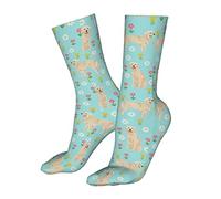 351 Socken Golden Retriever Blumenkrone Hunde Niedliche Blumen Blau Socken Für Unisex Atmungsaktiv Tennissocken Lustige Business-Socken, Für Geschenke, Sport, 40Cm