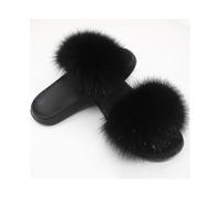 (36-37,black)Fox Fur Slides For Women - Comfort Open Toe Fur Slippers Indoor Outdoor Ojk