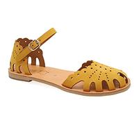 36 Senffarbe Emmanuela Sandalen im antiken griechischen Stil, handgefertigte flache Sandalen aus Leder mit geschlossenem Zehen, verstellbare Sandalen, Sommerschuhe mit Knöchelriemen für Frauen