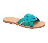 36 Türkis Emmanuela Sandalen im antiken griechischen Stil, handgefertigte flache Riemchensandalen aus Leder mit offene Zehen, hochwertige Slide Sommerschuhe für Damen, beige weiß türkis Sliders