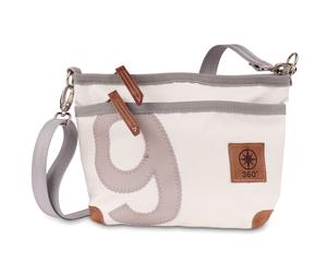 360 Grad Deern Lütt Crossover Damen-Umhängetasche aus Segeltuch weiß mit Zahl grau, Gurt grau mit Karabinern