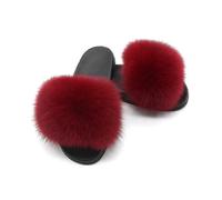 (38-39,Burgundy)Fox Fur Slides For Women - Comfort Open Toe Fur Slippers Indoor Outdoor Ojk