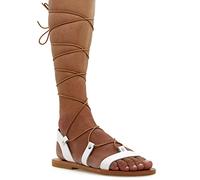 38 Weiß Emmanuela Knieshohe Ledersandalen im antiken griechischen Stil, handgefertigte flache Gladiator sandalen mit offenen Zehen, hochwertige Sommerschuhe zum Binden für Frauen