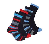 (39-45, Blau/roter Streifen) Sock Snob - 8er Pack Herren Kuschelsocken mit Noppen | Rutschfest Flauschige Bettsocken