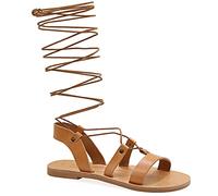 39 Beige Emmanuela Knieshohe Ledersandalen im antiken griechischen Stil, handgefertigte flache Gladiator sandalen mit offenen Zehen, hochwertige Sommerschuhe zum Binden für Frauen