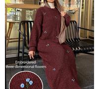 3D blaues Blumenbesticktes Rundhals Strickkleid, locker geschnittenes langes Pulloverkleid