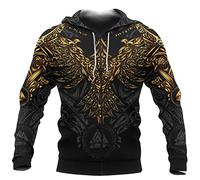 3D Print Gold Krähe Tattoo Hoodie, Nordische Wikinger Mythologie Odin Raven Pullover Hoodie, Unisex Casual Loose Streetwear Sweatshirt,Zip,5XL