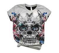 3D Tier Druck T-Shirts Damen Sommer, Morbuy Mädchen Lustig Gedruckt Bunt Bluse Frauen Retro Kurzarm Oberteile O Ausschnitt Grafik Casual Tshirt Locker Tee Tops (Skull 2,M)