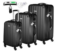tectake® 3er Kofferset mit Kofferwaage & Kofferanhänger, Reisekoffer Set, ABS Hartschalenkoffer Set, Trolley Kofferset, Reisetasche mit Rollen, Gepäck, Koffer Set M-L-XL, Teleskopgriff - schwarz