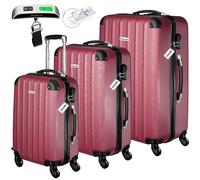 tectake® 3er Kofferset mit Kofferwaage & Kofferanhänger, Reisekoffer Set, ABS Hartschalenkoffer Set, Trolley Kofferset, Reisetasche mit Rollen, Gepäck, Koffer Set M-L-XL, Teleskopgriff - weinrot