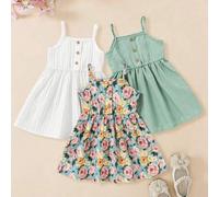 3er Pack ärmelloses Baby Mädchen Kleid hellblau mit Blumenmuster, süßes Sommer-Urlaubskleid mit Spaghettiträgern, tailliert, Holzknöpfe, ausgestellter