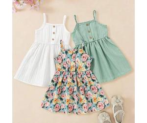 3er Pack ärmelloses Baby Mädchen Kleid hellblau mit Blumenmuster, süßes Sommer-Urlaubskleid mit Spaghettiträgern, tailliert, Holzknöpfe, ausgestellter
