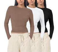 3er Pack Basic Langarmshirt Damen Slim Fit Schwarz Weiß Langarm Rundhals Unterziehshirt Elegant Sexy Oberteile Cropped Tee Longsleeve Thermo Unterhemd Lässige Crop Einfarbig Basic Layer Shirt XS-XXL