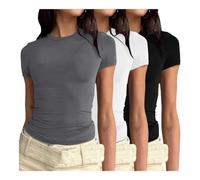 3er Pack Damen T-Shirt Rundhals Kurzarm Eng Basic Y2k Crop Tops Sommer Oberteile Einfarbig Shirt Weiss Damen Gym Basic Tops Slim Fit Elegant Tee Shirts