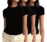 3er Pack Damen T-Shirt Rundhals Kurzarm Eng Basic Y2k Crop Tops Sommer Oberteile Einfarbig Shirt Weiss Damen Gym Basic Tops Slim Fit Elegant Tee Shirts