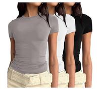 3er Pack Damen T-Shirt Rundhals Kurzarm Eng Basic Y2k Crop Tops Sommer Oberteile Einfarbig Shirt Weiss Damen Gym Basic Tops Slim Fit Elegant Tee Shirts