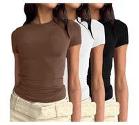 3er Pack Damen T-Shirt Rundhals Kurzarm Eng Basic Y2k Crop Tops Sommer Oberteile Einfarbig Shirt Weiss Damen Gym Basic Tops Slim Fit Elegant Tee Shirts
