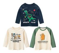 3er Pack Jungen Langarmshirt T Shirt Baby Kinder Jungen Rundhals Langarmshirt Baumwolle Shirt Dinosaurier Wagen Drucken T-Shirt Tops Kinder Shirt 1-7 Jahre Weiß + Beige 120