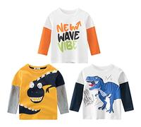 3er Pack Jungen Langarmshirt T Shirt Baby Kinder Jungen Rundhals Langarmshirt Baumwolle Shirt Dinosaurier Wagen Drucken T-Shirt Tops Kinder Shirt 1-7 Jahre Gelb 104-110