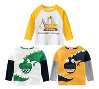 3er Pack Jungen Langarmshirt T Shirt Baby Kinder Jungen Rundhals Langarmshirt Baumwolle Shirt Dinosaurier Wagen Drucken T-Shirt Tops Kinder Shirt 1-7 Jahre Bagger 110