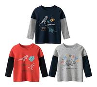 3er Pack Jungen Langarmshirt T Shirt Baby Kinder Jungen Rundhals Langarmshirt Baumwolle Shirt Dinosaurier Wagen Drucken T-Shirt Tops Kinder Shirt 1-7 Jahre Dinosaurier 2 140