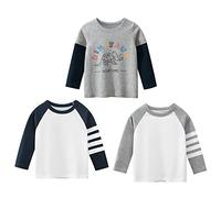 3er Pack Jungen Langarmshirt T Shirt Baby Kinder Jungen Rundhals Langarmshirt Baumwolle Shirt Dinosaurier Wagen Drucken T-Shirt Tops Kinder Shirt 1-7 Jahre Grau+weiß 120